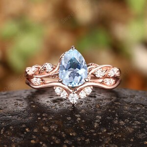 Vintage Pear Shaped Aquamarine Engagement Ring Set, Nature Inspired Leaf Branch Promise Ring, 14k Gold March Birthstone Wedding Ring Set