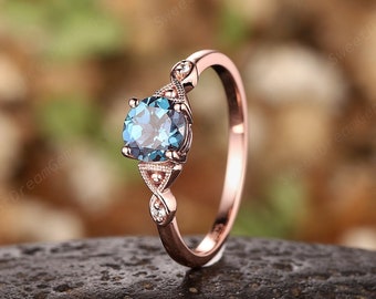 Vintage Round Alexandrite Engagement Ring, Dainty Rose Gold Alexandrite Wedding Rings, Milgrain Promise Rings for Her, June Birthstone Ring