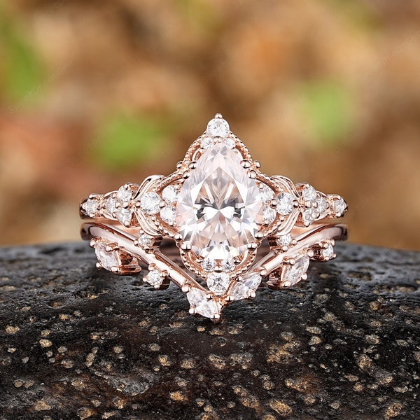 Pear Moissanite Engagement Ring Set Vintage Milgrain Moissanite Promise Ring Bridal Set Custom 14k Rose Gold Cluster Moissanite Wedding Ring