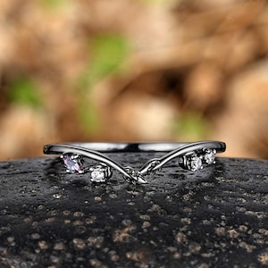Gothic Leaf Nature Inspired Curved Wedding Ring Marquise Alexandrite Wedding Band Black Gold Promise Rings For Women Custom Anniversary Ring