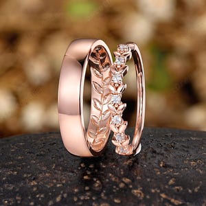Custom Olive Tree Leaf Couple Ring Set Vintage Carved Mens Wedding Band 14k Gold His And Hers Wedding Bands Promise Rings For Women And Men