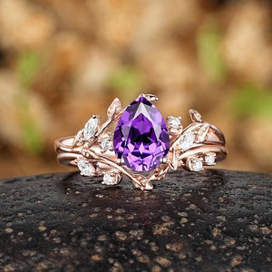 Pear Shaped Purple Sapphire Engagement Ring Set, Leaf Branch Nature Inspired Promise Ring, 14k Rose Gold Moissanite Wedding Rings For Women
