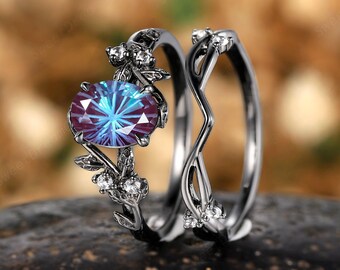 Ovaal vuurwerk alexandriet verlovingsring set aangepast blad natuur geïnspireerde trouwring alexandriet jubileumringen voor vrouwen geschenken