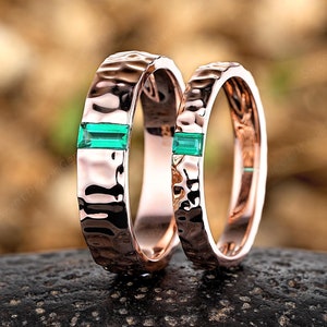Antique Baguette Emerald Couple Ring Set 14k Gold His And Hers Wedding Bands Unique Hammered Anniversary Match Rings For Women And Men Gifts