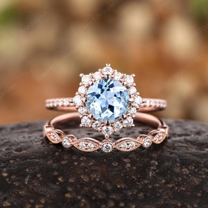 Vintage Round Aquamarine Halo Engagement Ring Set, Art Deco Floral Aquamarine Promise Wedding Ring, Gold Straight Moissanite Wedding Band