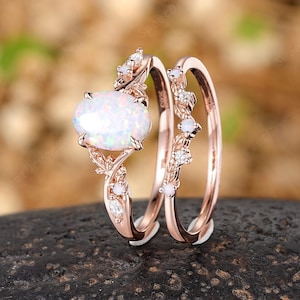 Vintage Oval Opal Engagement Ring Set Solid Gold Leaf Branch Wedding Rings Fire Opal Women Anniversary Ring Curved Wedding Band Bridal Ring