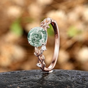 Round Moss Agate Engagement Ring 14k Gold Leaf Nature Inspired Anniversary Rings For Women Nature Agate Wedding Ring Custom Promise Rings