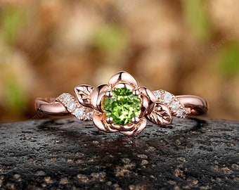 Rose Gold Peridot Engagement Ring Rose Flower Round Peridot