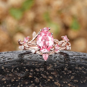 Oval Pink Sapphire Engagement Ring Set Gold Natural Inspired Leaf Marquise Peach Sapphire Wedding Rings Custom Promise Women Rings For Her