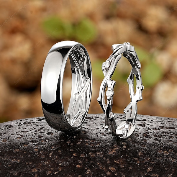 His and Hers Matching Wedding Ring, Plain Engagement Band, Twig Matching Band Couple Diamond Promise Ring Set White gold Platinum Men's Band