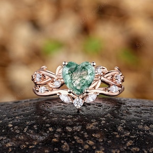 Vintage Heart Moss Agate Engagement Ring Set 14k Gold Nature Agate Wedding Ring Cutsom Leaf Branch Anniversary Promise Rings For Women Gifts