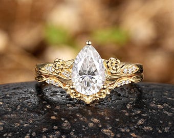 6x9mm Pear Shaped Moissanite Engagement Ring Set Rose Flower Inpsired Wedding Rings For Women Gift Her Anniversary Jewelry Gift Promise Ring