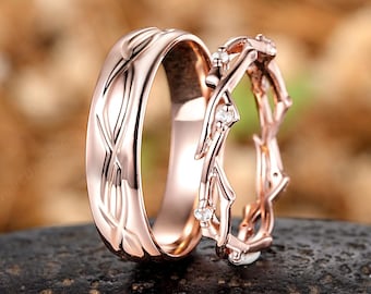Twig Branch Carved Couple Ring Set Gold Diamond Wedding Rings For Women And Men Custom Mens Ring His and Hers Anniversary Ring Wedding Bands