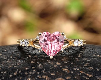7mm Heart Pink Sapphire Engagement Ring Vintage Milgrain Split Shank Wedding Women Jewelry Solid Gold Peach Sapphire Her Anniversary Rings