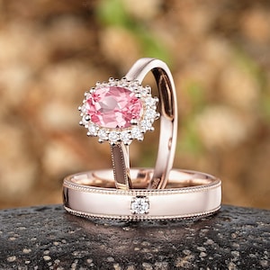 His And Hers Pink Sapphire Engagement Ring Set Moissanite Halo Wedding Ring Couple Rings Set Peach Sapphire Promise Rings For Men And Women