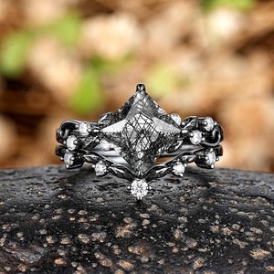 Princess Cut Black Rutilated Quartz Engagement Ring Set Gothic Black Gold Leaf Wedding Rings For Women Black Quartz Promise Anniversary Ring