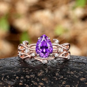 Vintage Purple Sapphire Engagement Ring Set, Custom Leaf Twig Nature Inspired Wedding Ring, Solid Gold Violet Sapphire Promise Women Rings