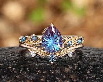 6x8mm Pear Shaped Firework Alexandrite Engagement Ring Set Leaf Natrue Inspired Anniversary Women Jewelry Yellow Gold Her Promise Rings Gift