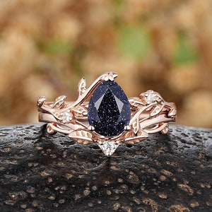 Pear Galaxy Blue Sandstone Engagement Ring Set Rose Gold Natural Inspired Leaf Wedding Promise Rings For Women Moissanite Leaf Wedding Band