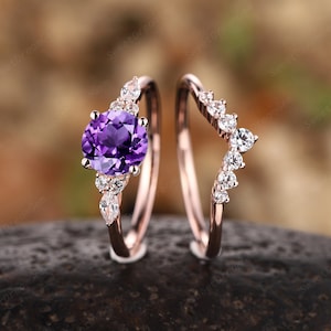 Vintage Round Cut Amethyst Bridal Set, Unique Amethyst Engagement Ring Set, Art Deco 14K Rose Gold Anniversary Wedding Rings for Women Gift