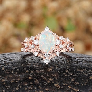 Art Deco Oval Opal Engagement Ring Set 14kGold Leaf Floral Wedding Ring Vintage Moissanite Wedding Band Custom Promise Anniversary Ring Gift
