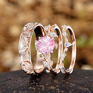 Nature Inspired Leaf Branch Couple Ring Set Fireworks Cut Pink Sapphire Engagement Rings For Women And Men His And Hers Wedding Bands Gifts