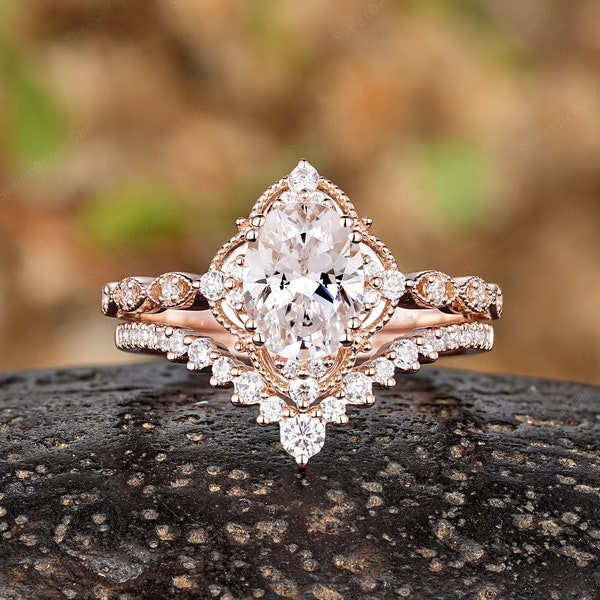 Vintage Oval Cut Moissanite Engagement Rings Set 14k Rose Gold Halo Moissanite Wedding Ring Art Deco Anniversary Promise Rings For Women