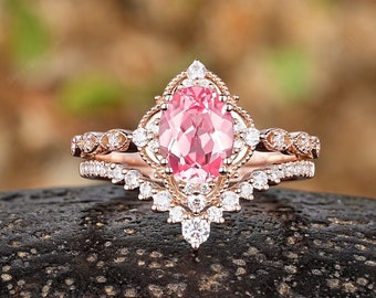 Ovale roze saffier verlovingsringen Vintage cluster Moissanite trouwring gouden perzik saffier belofte ringen voor vrouwen aangepaste verjaardag