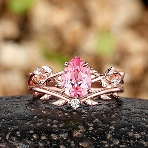 Pear Pink Sapphire Engagement Ring Set, Art Deco Leaf Branch Nature Inspired Promise Rings For Women, Custom Peach Sapphire Anniversary Ring