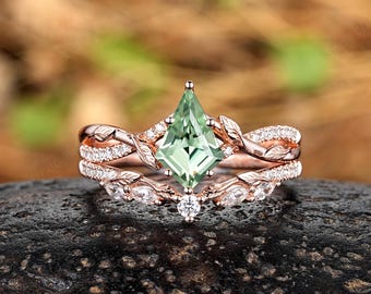 Kite Cut Green Sapphire Engagement Ring Set 14k Solid Gold Leaf Inspired Wedding Rings For Women Custom Moissanite Anniversary Promise Ring