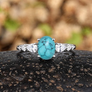 Unique Oval Turquoise Engagement Ring White Gold Western Turquoise Promise Rings For Women Vintage Moissanite Weeding Anniversary Ring Gifts