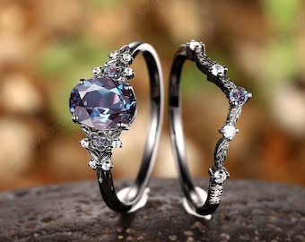 Oval Shape Alexandrite Black Leaf Engagement Ring Set, Black Gold Alexandrite Floral Bridal Set, Rhodium Black Wedding Ring Promise Ring