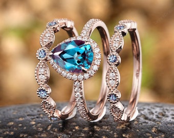 Pear Alexandrite Halo Engagement Ring Set 14k Gold Moissanite Milgrain Straight Wedding Bands Custom Alexandrite Promise Rings For Women