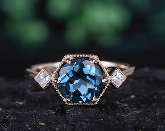 Vintage London Blue Topaz Engagement Ring, 14K Rose Gold Round Cut Topaz Wedding Ring, Unique November Birthstone Promise Anniversary Ring