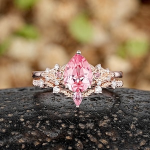 Pink Sapphire Leaf Nature Inspire Engagement Ring Set, Pear Peach Sapphire Wedding Rings For Women, Solid Gold Anniversary Ring Gift For Her