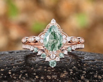 Pear Natural Moss Agate Engagement Ring Set Vintage Moissanite Cluster Wedding Ring 14k Gold Moss Agate Anniversary Promise Rings For Women