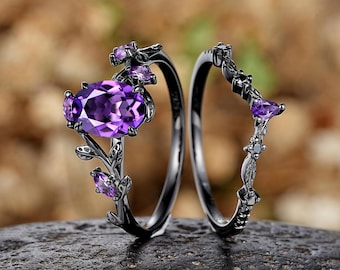 Black Gold Oval Amethyst Engagement Ring Set Vintage Leaf Floral Wedding Rings For Women Dainty Anniversary Gift Promise Ring Bridal Set