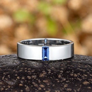 Vintage White Gold 5MM Mens Wedding Band Baguette Blue Sapphire Engagement Mens Ring Stacking Matching Ring For Men Anniversary Gift For Him