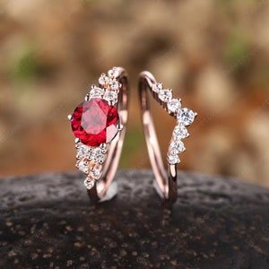 Vintage Round Cut Ruby Engagement Ring Set, Unique 14K Rose Gold Ruby Wedding Set, Ruby Promise Ring, Art Deco Sterling Silver Bridal Ring