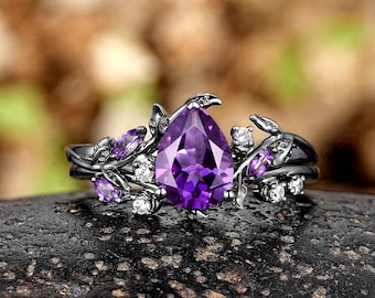 Vintage Pear Amethyst Engagement Ring Set, Custom Leaf Nature Inspired Promise Ring Gift For Her, Gothic Black Gold Wedding Rings For Women