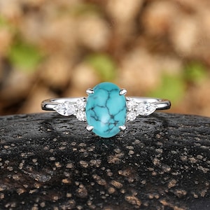 Antique Oval Shaped Turquoise Engagement Ring Vintage 14k White Gold Moissanite Cluster Wedding Ring Western Promise Rings For Women Gift