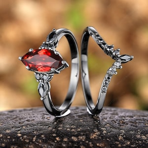 Marquise Garnet Engagement Ring Set Gothic Black Gold Moissanite Wedding Rings Vintage Wedding Band Red Garnet Promise Anniversary Ring Gift