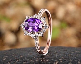 Vintage Oval Shape Purple Sapphire Engagement Ring Custom Moissanite Halo Promise Rings For Women Violet Sapphire Anniversary Wedding Ring