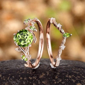 Round Peridot Engagement Ring Set 14k Rose Gold Leaf Nature Inspired Wedding Rings For Women Custom Marquise Peridot Anniversary Ring Gift