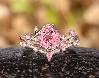 Vintage Round Peach Sapphire Engagement Ring Set Marquise Pink