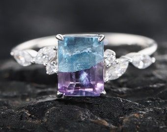 Vintage Natural Bicolor Fluorite Engagement Ring Unique Emerald Cut Silver White Gold Moissanite Wedding Ring Art Deco Promise Ring for her
