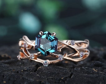 Hexagon Alexandrite Engagement Ring Set, Vintage Rose Gold Twig Branch Wedding Promise Rings, Alexandrite Wedding Band June Birthstone Ring
