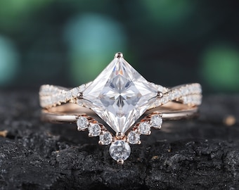 Vintage Princess Cut Moissanite Bridal Set, Alternative Moissanite