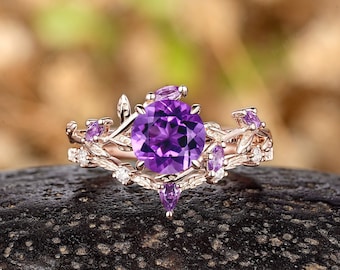 Round Amethyst Engagement Ring Set Marquise Amethyst Leaf Floral