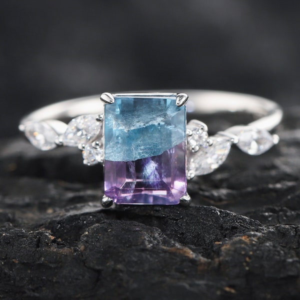Vintage Natural Bicolor Fluorite Engagement Ring Unique Emerald Cut Silver White Gold Moissanite Wedding Ring Art Deco Promise Ring for her